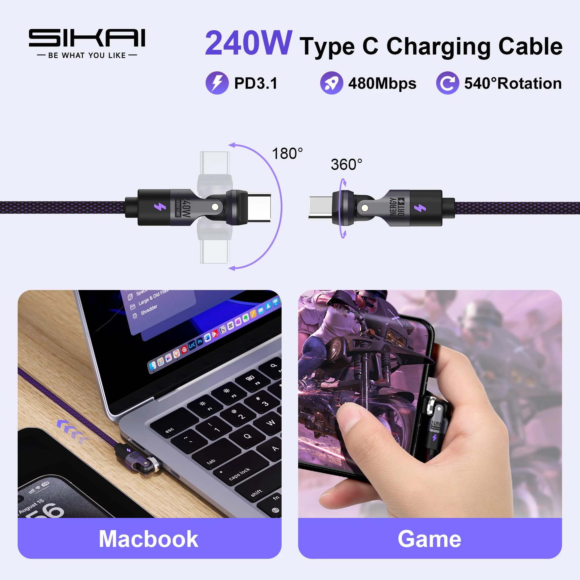 PD 240W Schnellladekabel Doppelt 180° ° +360 ° Rotierendes C-zu-C-Ladekabel 480Mbps Datenübertragungsadapter für iPhone 17 Samsung – Detail 2