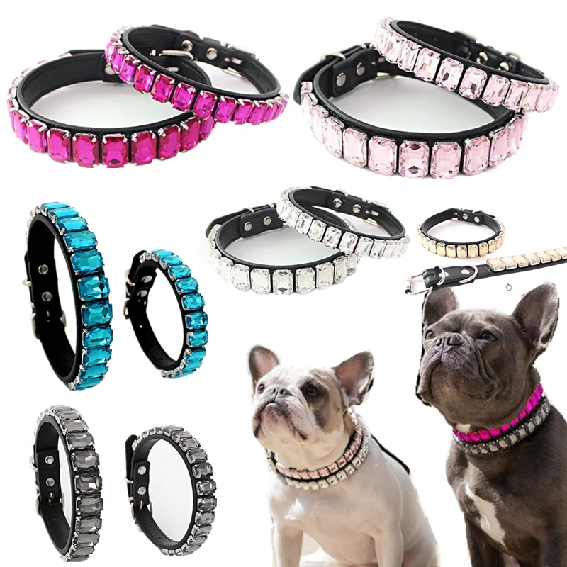 

Fashion Glass Crystal Diamond Dog Necklace PU Leather Adjustable Cat Collar Gemstone Pet Collars Dog Puppy Jewelry Accessories