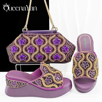 Queena Yan New Arrival Mature Style Platform Design Rhinestone Decoration Peep Toe Lady Shoes and Bag Set for Party Wedding