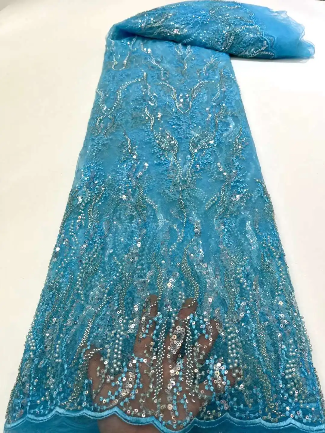 

High quality bead embroidered fabric African Nigeria Lace With stone French tulle net lace for Evening dresses.weddings Party