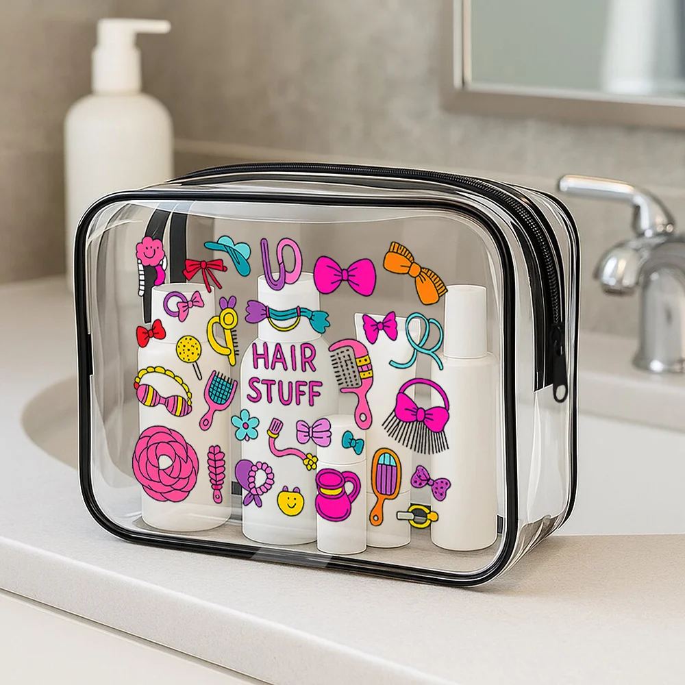 Clear Cosmetic Bag. Adorable hair-stuff design for travel, gym or beach. A perfect gift.
