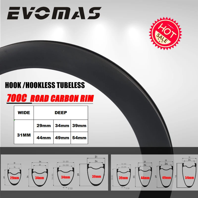 

700C 31mm Width Road Bike Carbon Rim Disc Brake 29/34/39/44/49/54mm Depth Asymmetry Symmetry Tubeless Hook Hookless UD 3K 12K