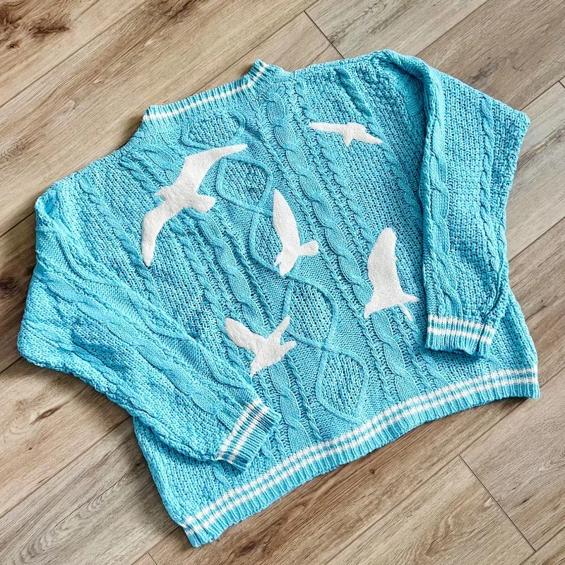 New Blue Cardigan 1989 for Women's Autumn and Winter Bird Embroidery Special Knit Cardigan Slouchy Style Vintage Y2k Sweater