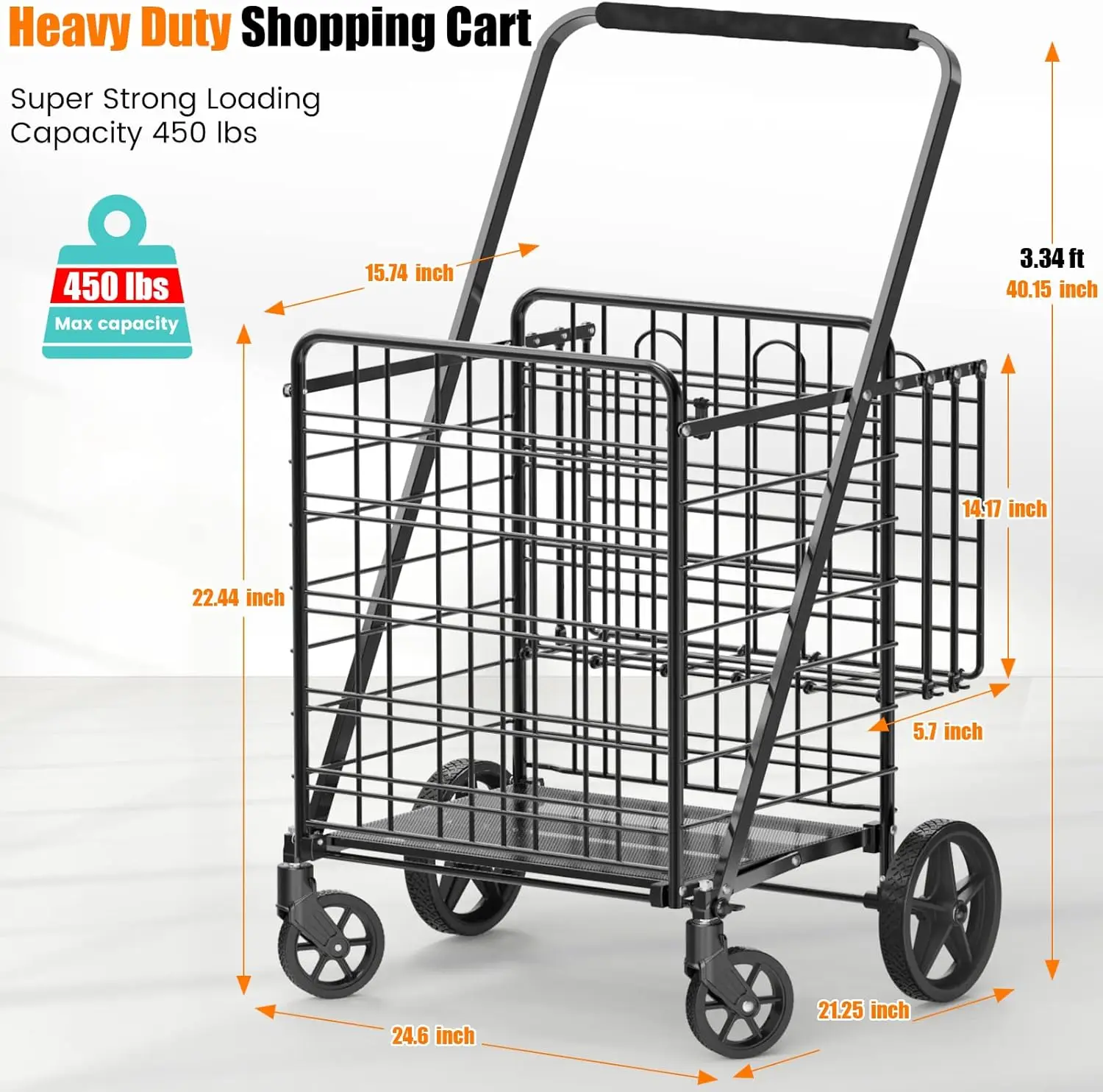 Extra Large Shopping Cart 450lbs Heavy Duty Grocery Cart on Wheels Folding Dual Basket Utility Carts Waterproof Line