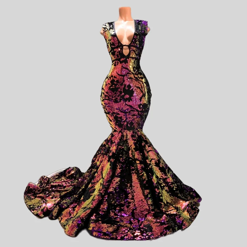 

Sparkle South African Prom Dresses Mermaid Deep V-neck Sequins Black Girls Nigeria Robe De Soiree Evening Dresses Gown