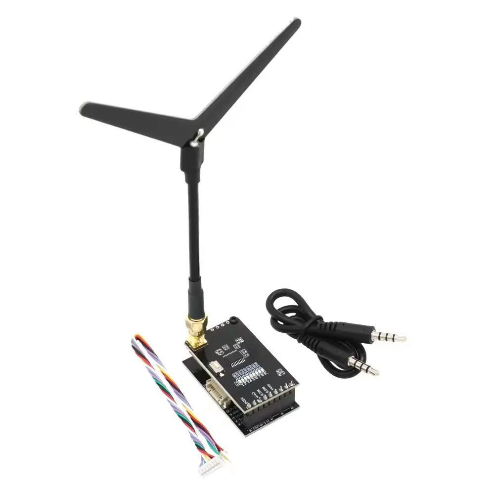Lunettes FPV 1.2G VRX avec émetteur vidéo portées par un utilisateur, câbles connectés à un drone en arrière-plan.