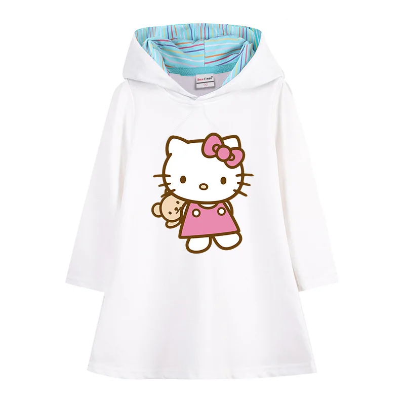 thumbnail image 1 of Vestido con capucha de longitud media para niños de Hello Kitty, vestido de manga larga con estampado de dibujos animados para niñas, ropa para niños, falda acampanada de estilo occidental, 1 of 5