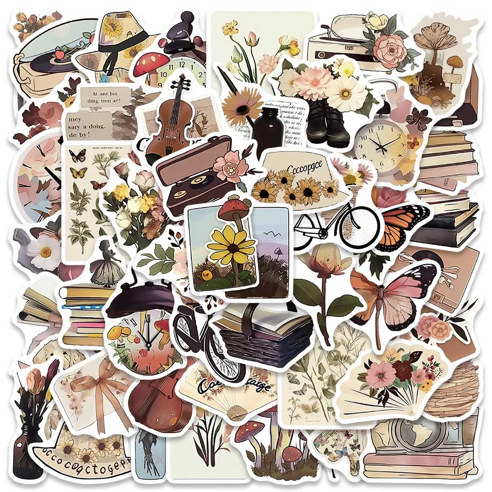 50pcs Retro Cartoon Aesthetic Flowers Stickers Waterproof Graffiti For Luggage Guitar Skateboard Phone Vinyl Laptop Decals