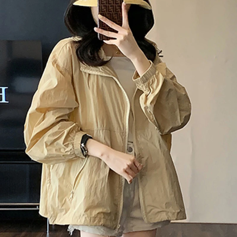 

Pure Color Slim New Fashion Women Trench Drawstring Hooded Chic Zipper Pockets Simple Trench Basic Office Ladies Tench