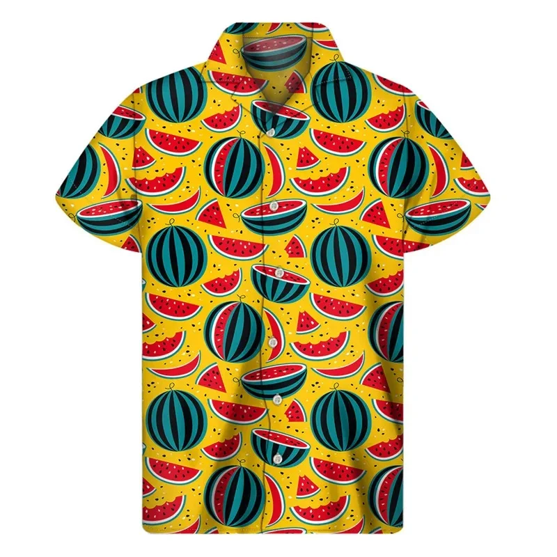 thumbnail image 1 of Camisa hawaiana con estampado de sandía tropical para hombre, camisas hawaianas con estampado de frutas en 3D, blusas de verano con botones y solapa de manga corta, 1 of 5