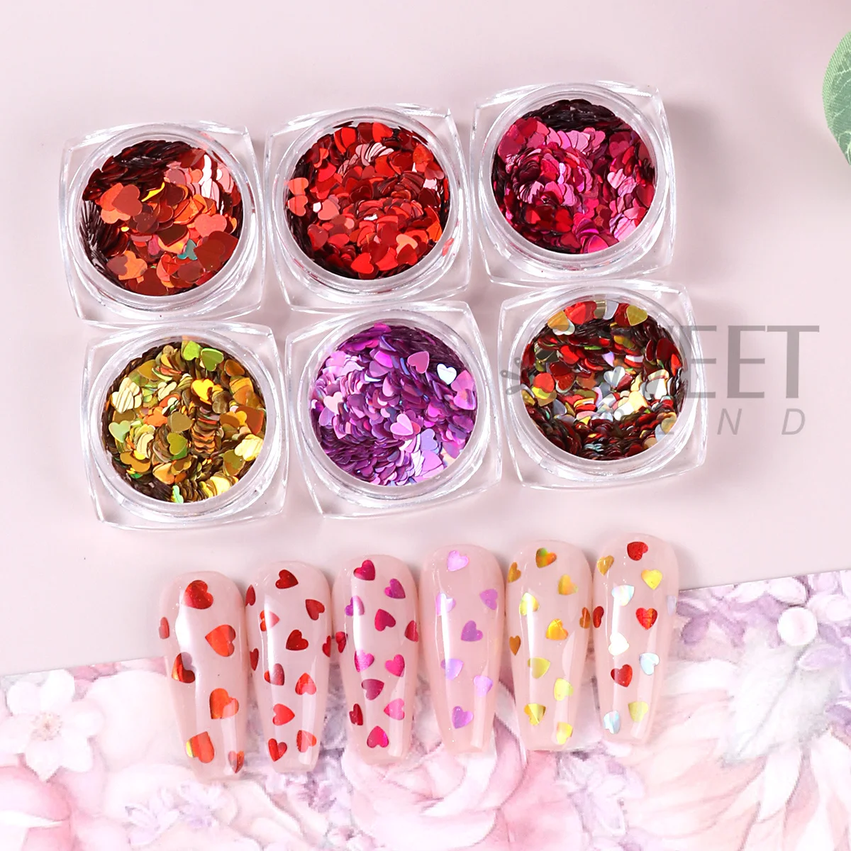 6pcs Valentine's Love Heart Nail Glitter Flakes Holographic Mirror Mixed Size Heart Jewelry Sequins Sweet Slices Manicure Decor