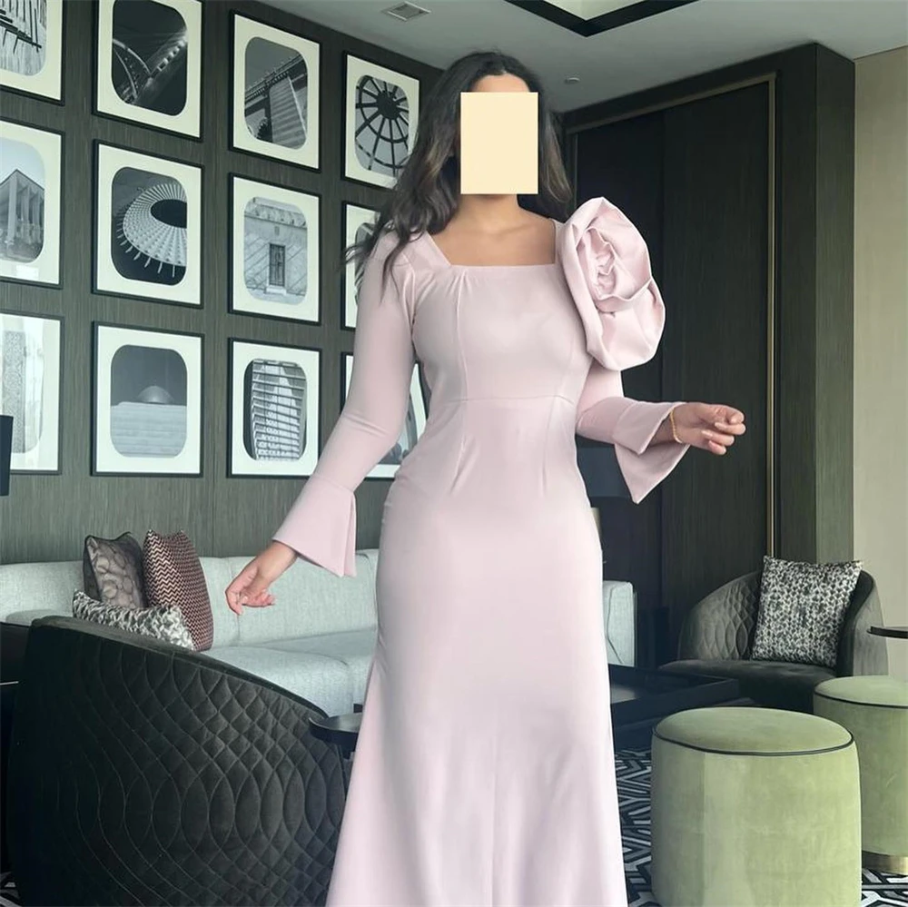 Prom Dresses High Quality Square Collar Mermaid Flower Celebrity Dress Long Sleeve Ankle Length Formal Evening Gowns robe de bal