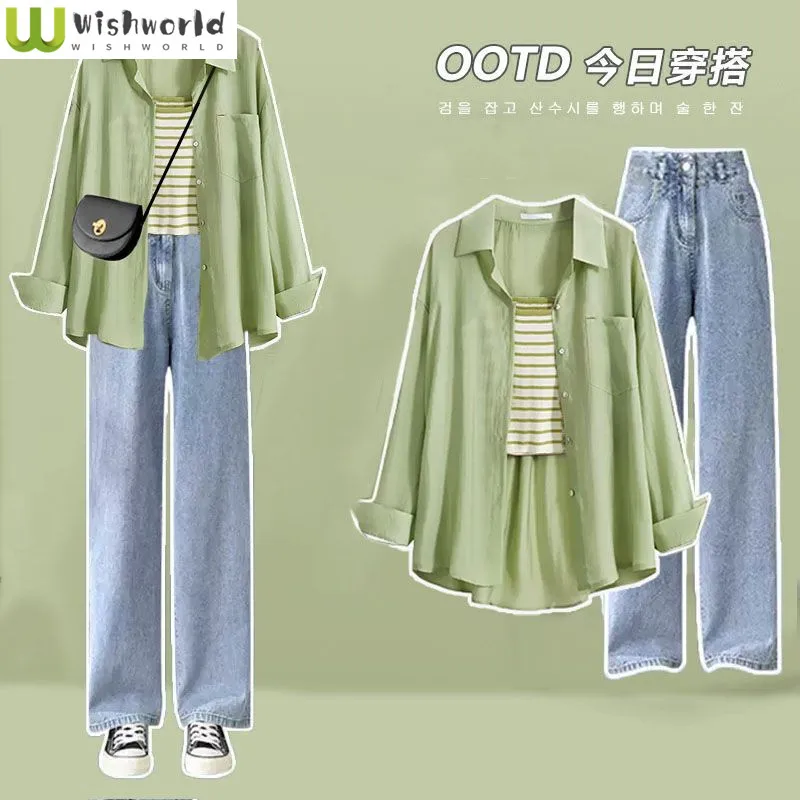 2024 Spring/Summer Set Women's Korean Loose Green Long Sleeved Shirt+Strap High Waist Wide Leg Jeans Three Piece Set