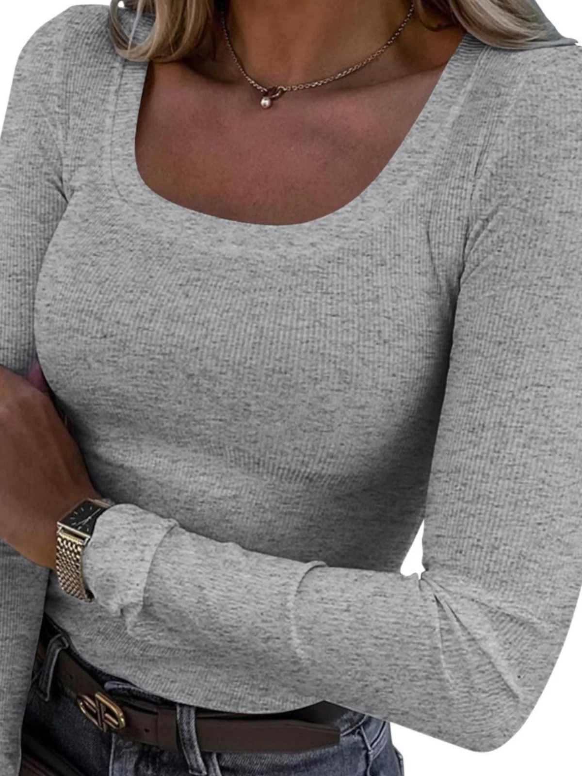 Sexy Slim Fit Long Sve  Color T-irt Square Ne Polyester Casual Sle Women's Top for Spring And Summer