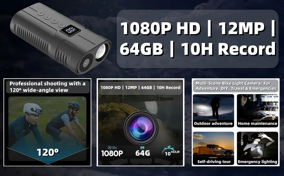 1080P HD 스포츠 카메라, 10시간 동영상 녹화, 휴대용 전원 공급 기능, 야외 사이클링 조명 레코더 2-in-1
