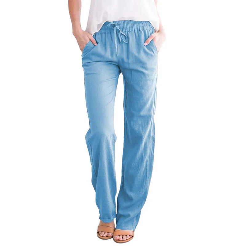 Spring and summer new solid color cotton and linen drawstring loose casual wide leg pants