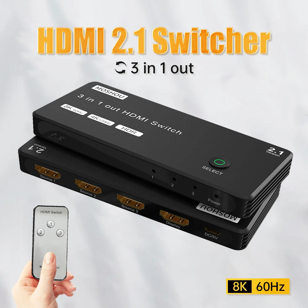 

MOSHOU 8K HDMI-compatible 3 in 1 Out Switcher Selector Box HD 2.1 Switch High Speed 48Gbps 8K@60Hz 4K@120Hz for PS5 Projectors