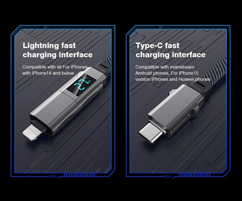 1M/1.5M/2M 플랫 4in1 PD 100W 20V 5A LED 디지털 디스플레이 USB C타입 고속 충전 충전기 데이터 전송 케이블 (아이폰 15 14 13 호환)