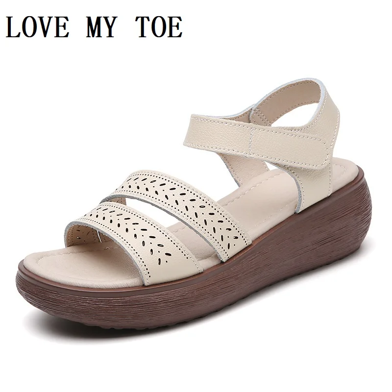 Elegant Women's Sandals Summer 2024 Casual Hollow Breathable Genuine leather women's wedge sandal Middle Heels Shoes Platform