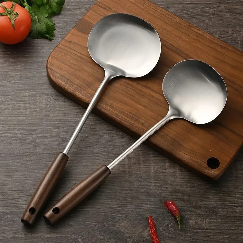 Premium Stainless Steel Spatula, Extra Long Wooden Handle Shovel for Cooking - Non-Scratch & Heat Resistant Kitchenware