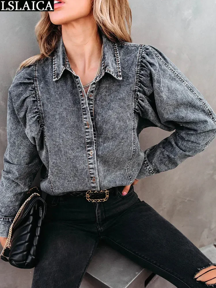 

Casual Elegant Women's Blouses in Promotions Long Sleeve Clothing Female Fashion Tops 2023 Turn-down Collar Womens Denim Shirt