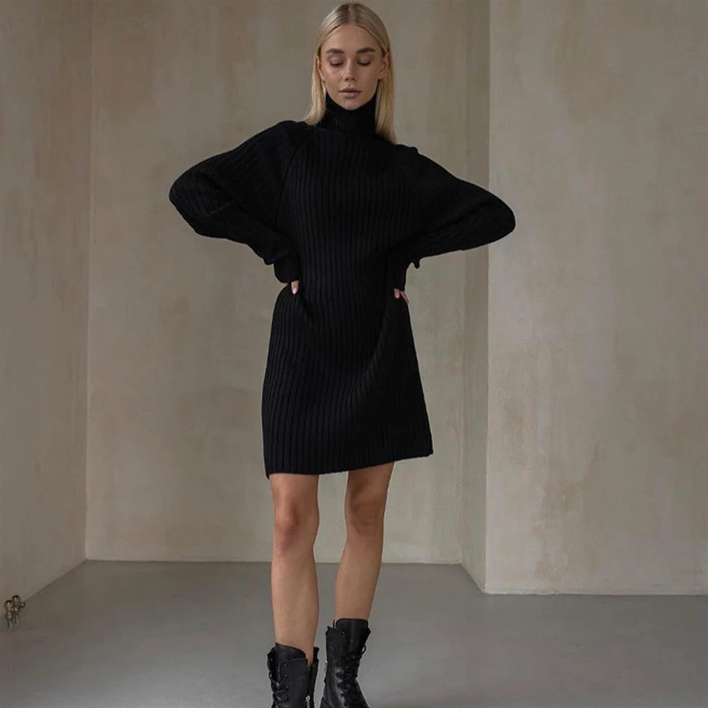 Turtleneck Sweater Dress Woman Long Sleeve Knitted Autumn Winter