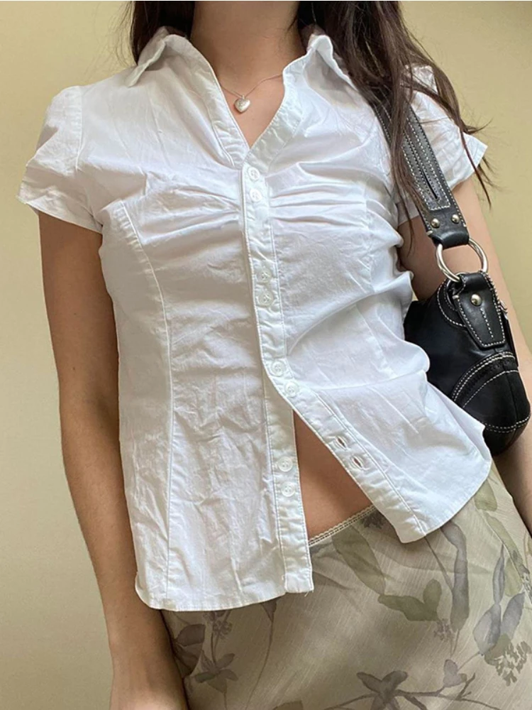 

Женская хлопковая рубашка с коротким рукавом, в обтяжку