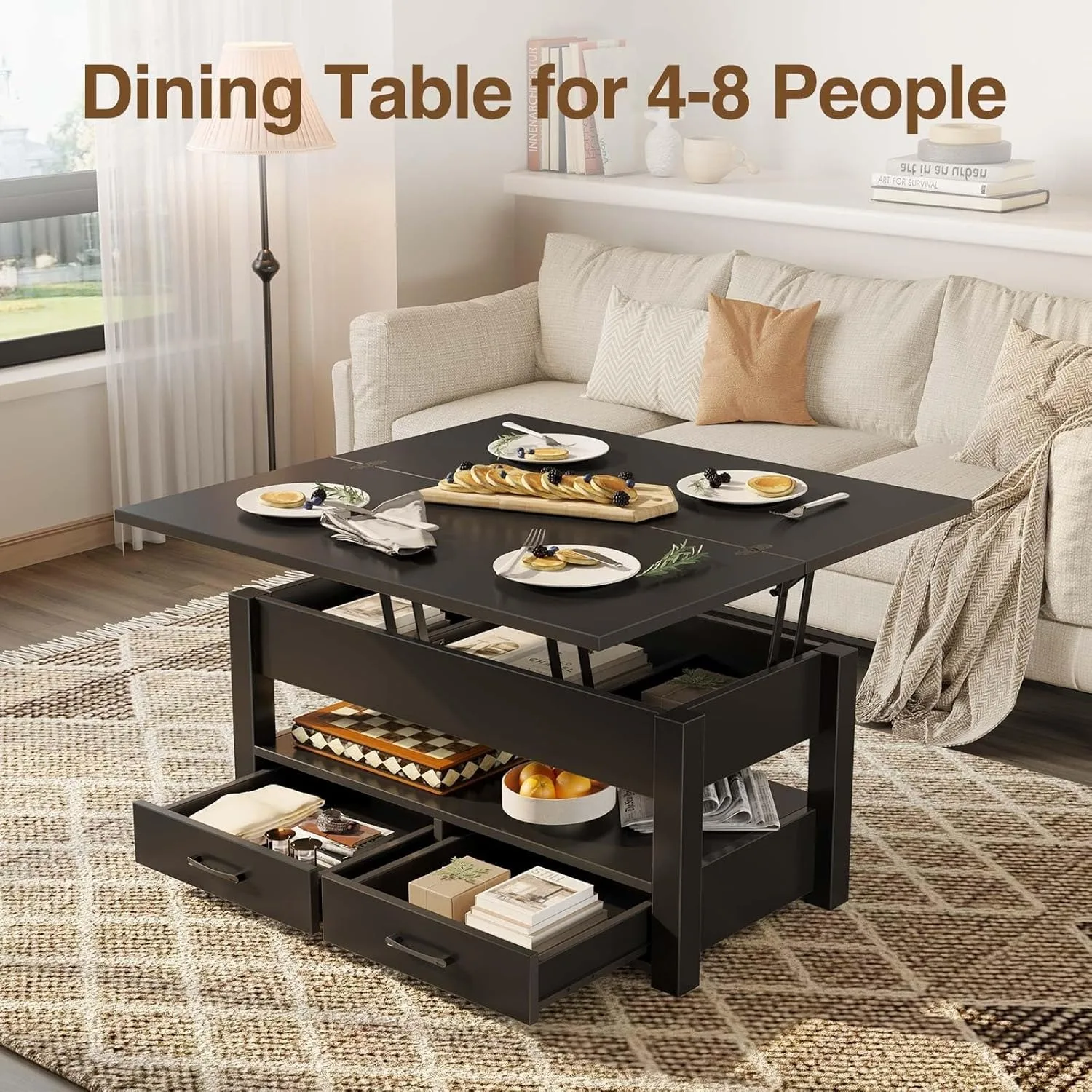 Coffee Table Lift Top, Multi-Function Convertible Coffee Table with Drawers and Hidden Compartment, Coffee Table Converts 6
