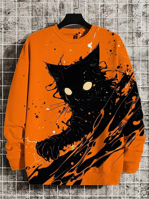 2025 Men's Animal Cat Sweatshirts Long Sleeve Sweatshirt O-Neck Fashion Cool 3D Printed Japanese Art Prints Casual Sweatshirts 1