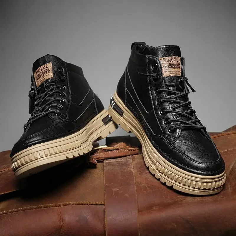 

Мужские низкие кожаные туфли Dr. Мужские в британском стиле ретро высокие кожаные туфли на толстой подошве увеличенная модная Чувствительная черная обувь средней длины