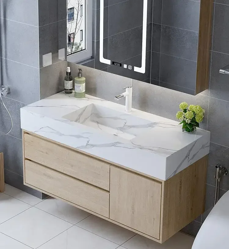 European Antique Bathroom Vanity Cabinets Set With Marble Countertop And Led Mirror Storage Cabinet