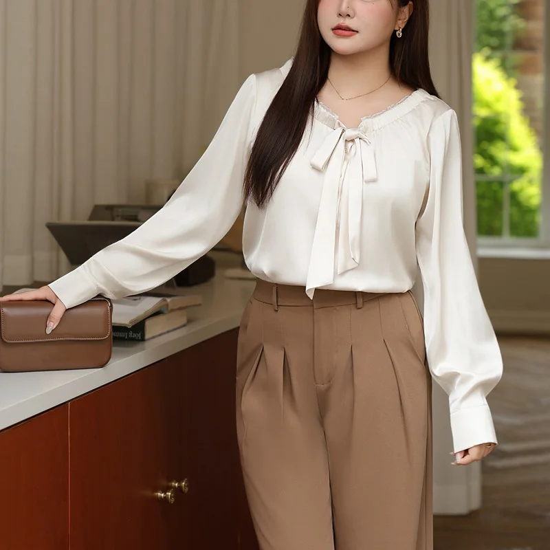 Plus Size Women Shirt Premium high-end Lace V-neck Bow Bandage Long Sleeve Satin Blouses Elegant Stylish Commuter Autumn 2025