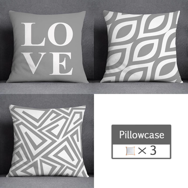 3pcs/lot 45X45CM Gray Lumbar Pillow Case Polyester Geometry Leaf Floral Stripes Plaids Print Sofa Throw Cushion Cover Home Decor 