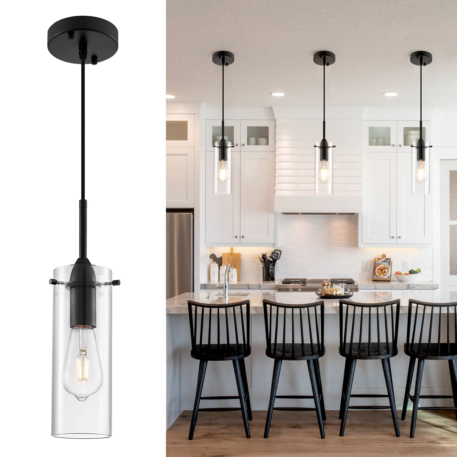 

Modern kitchen pendant lights, black pendant lights glass shadow column hanging lights