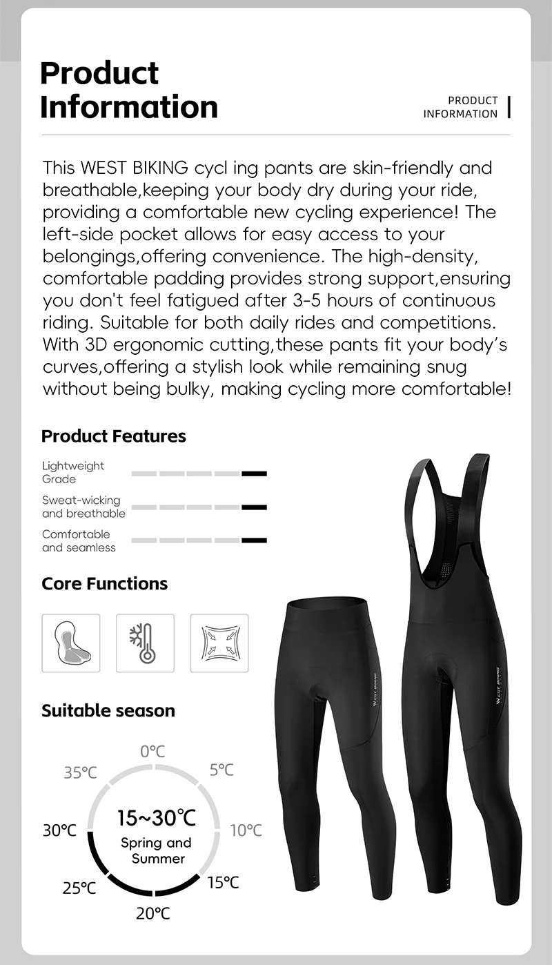 Description Picture 3 of itemWEST BIKING Men's Cycling Pants PRO Bike Long Pants Cool Breathable Cycling Bib Quick Dry Mountian Road Bike Tight Durable Pants