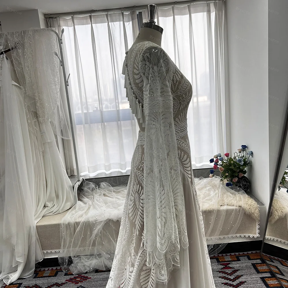Mryarce Brautkleider mit langen Boho-Ärmeln, Spitze, A-Linie, Seitenschlitz, Schlüsselloch-Rücken, böhmische Brautkleider – Detail 8