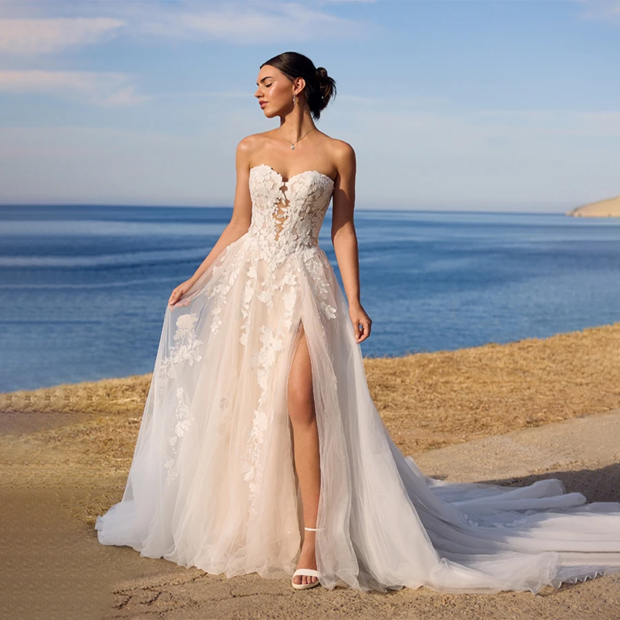 Customized Sweetheart Lace Appiques Tull Wedding Dress A-line Front Slit  Removeble Sleeves Backless Zipper Wedding Gowns