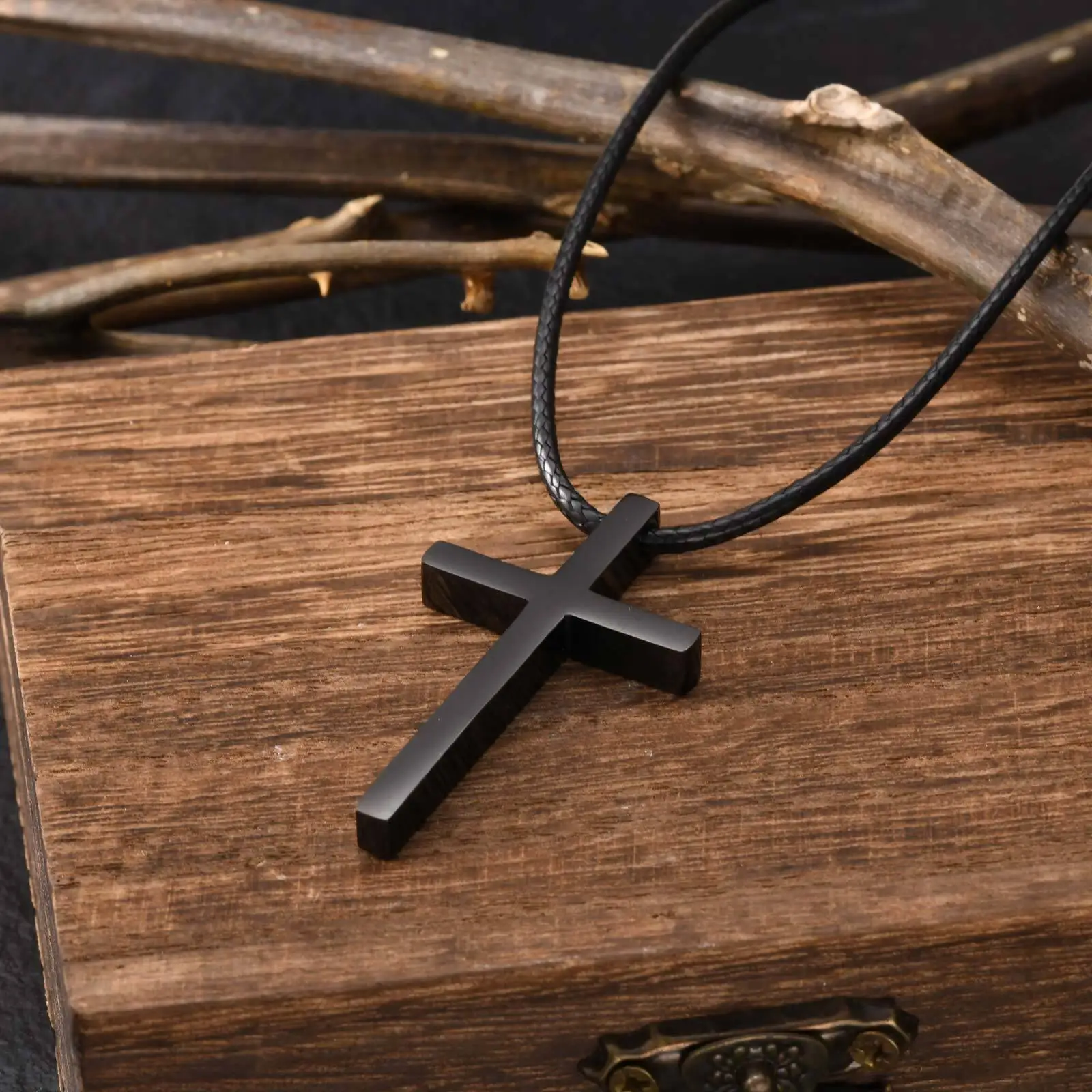 Simple Cross Pendant Necklaces for Men Boys,Stainless Steel Jesus Pendant with Black Wax Rope, Religious Prayer Blessing Gift