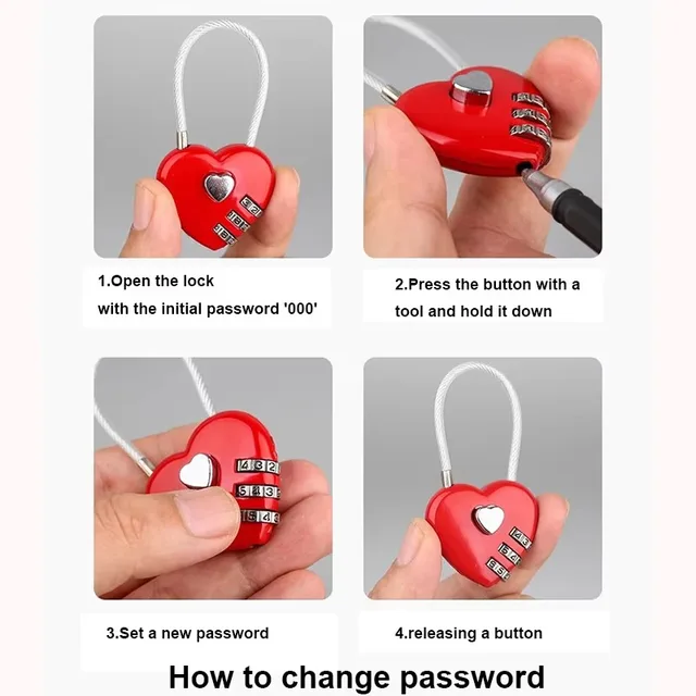 Travel Sport 3 Digit Padlocks Mini Code Lock Wire Rope 3-Digit Code Combination Padlock Red Heart Padlock 6