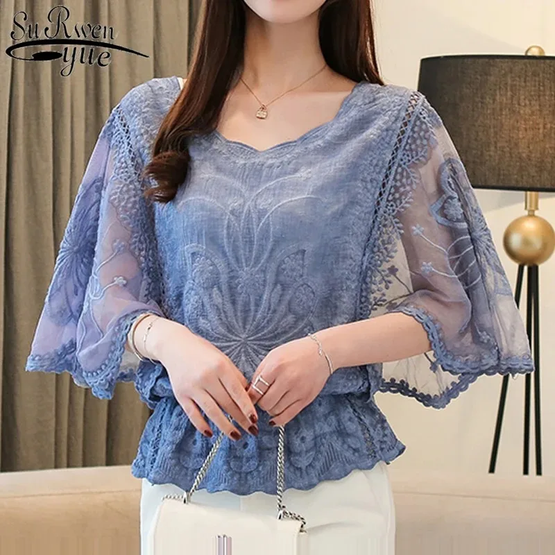 Women's Butterfly Flower Half Sleeve Shirt Elegant Fashion Chiffon Blouse Summer Lace O Neck Loose Shirt New 4073