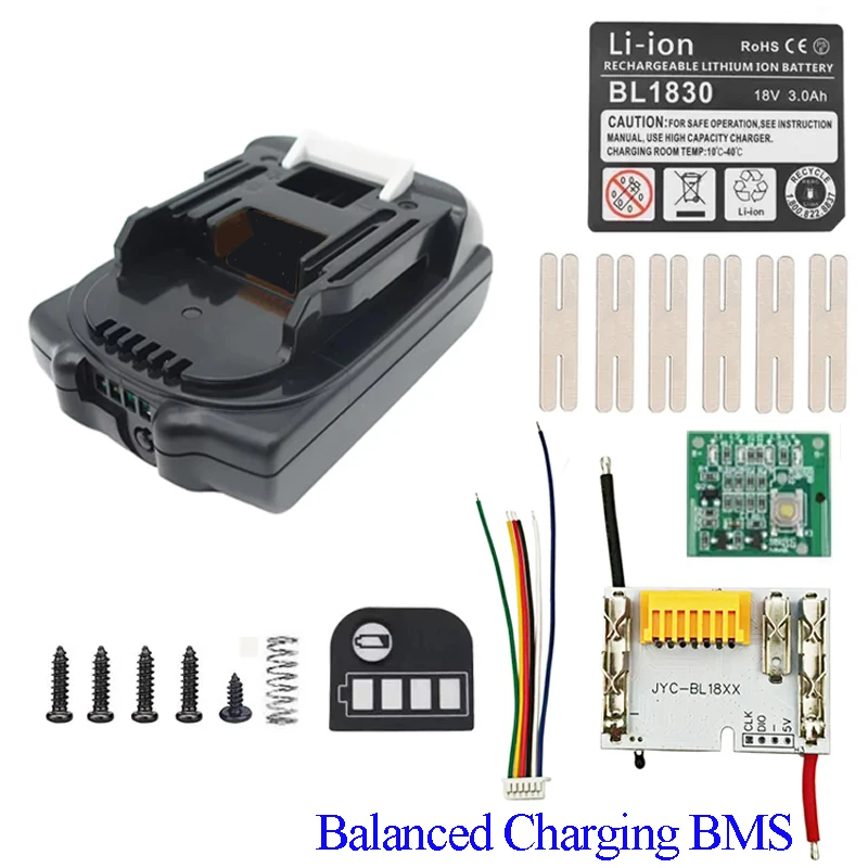 BL1815B 리튬 배터리 케이스 5X18650 BMS 밸런스드 충전 회로 기판 PCBA LED 키 라벨 박스 Makita 18V BL1815 BL1830용