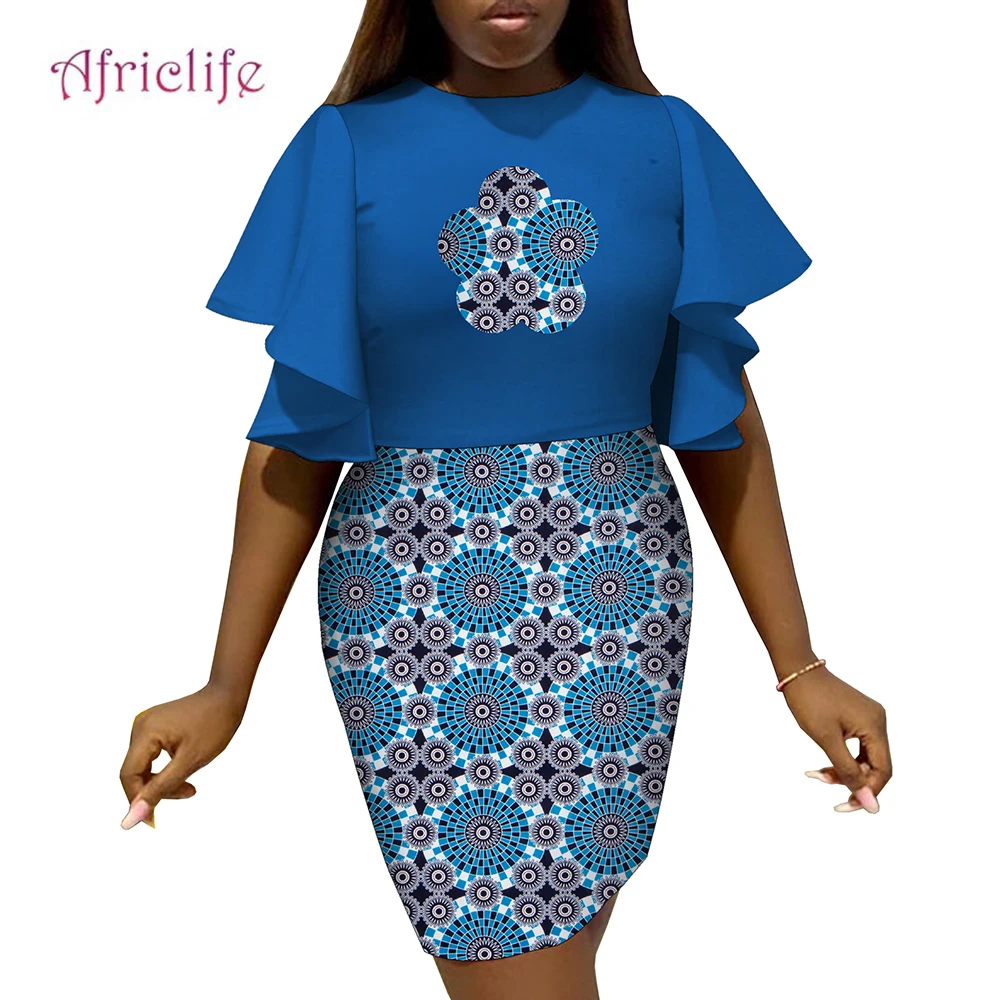 

Nigerian Dresses for Women Ruffled Sleeves Patchwork Clothing Elegant Ladies Office Wear for Party Wy10585