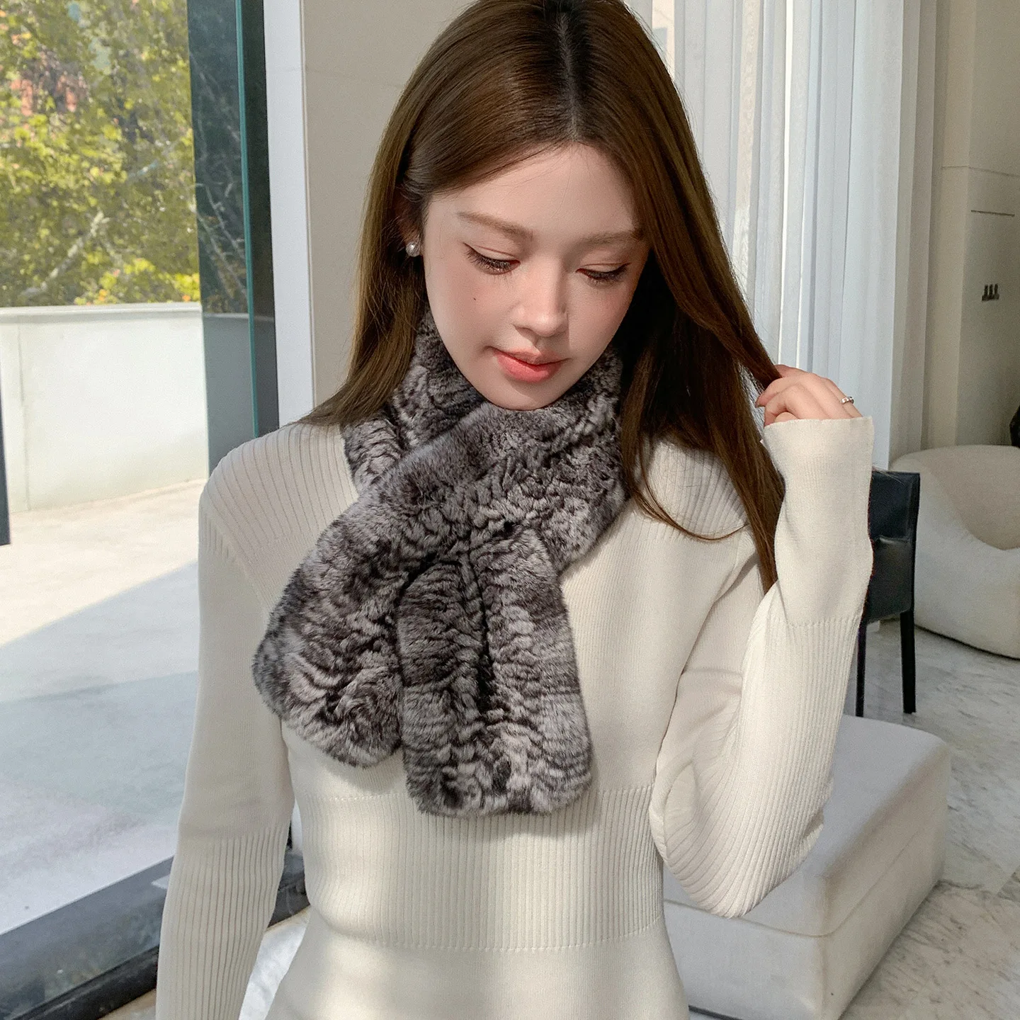 Winter Doppelseitig Gestrickte Echt Rex Kaninchen Pelz Kragen Schal frauen Herbst Winter Warme Chinchilla Farbe Pelz Wraps – Detail 2