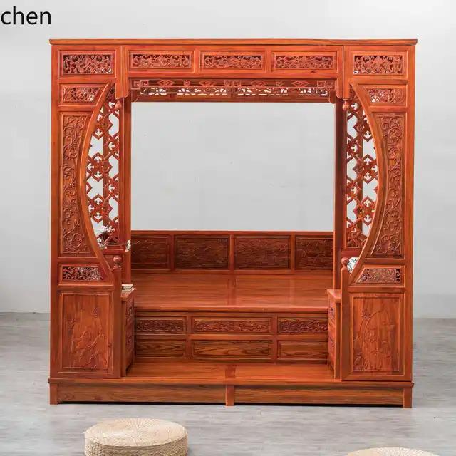 CZ Golden Flower Pear Carved Vintage Step Bed Antique Furniture Palace Solid Wood Bed Stepped Bed Frame 2