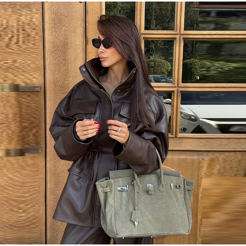 Women Waist Cinching Leather Jacket Solid Stand Neck Zipper Pocket Loose Jackets Lady New Vintage Fashion Street Outwear 2026