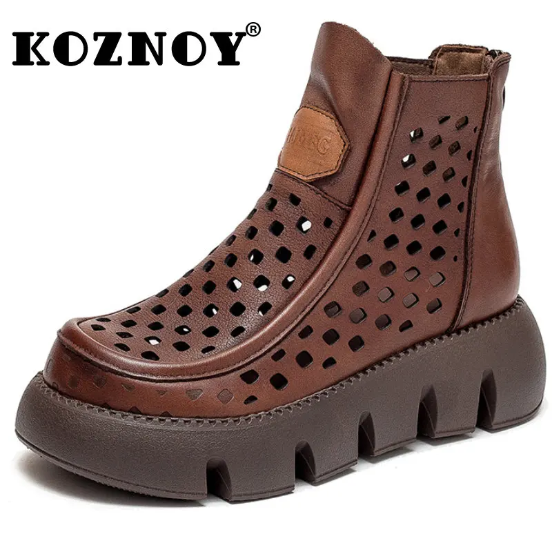 

Koznoy 5cm Hollow Ladies Moccasins Fashion Ankle Breathable Summer Motorcycle Boots New In Women Genuine Leather Sandals Shoes