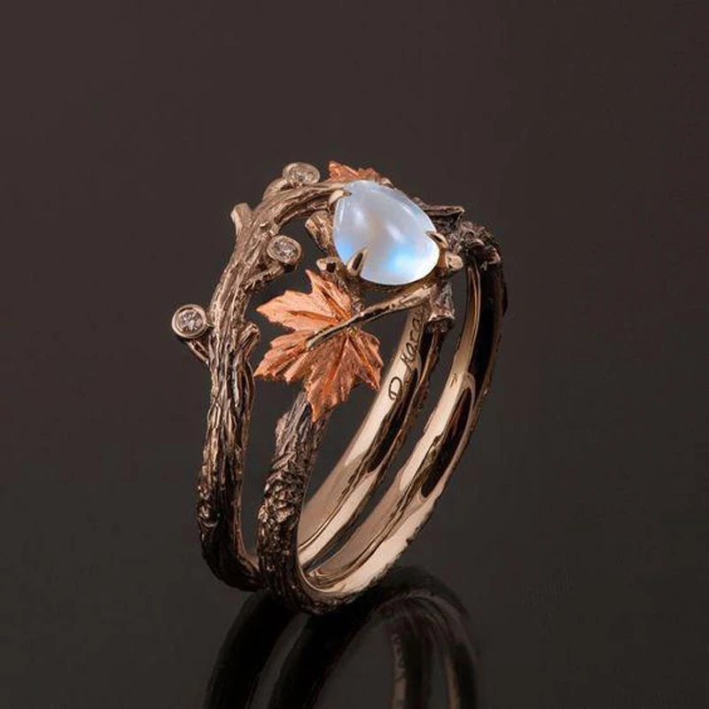 Vintage Women's Fashion Antique Gold Twig Maple Leaf Moonstone Ring Set Anniversary Gift Engagement Bridal Wedding Jewelry Rings