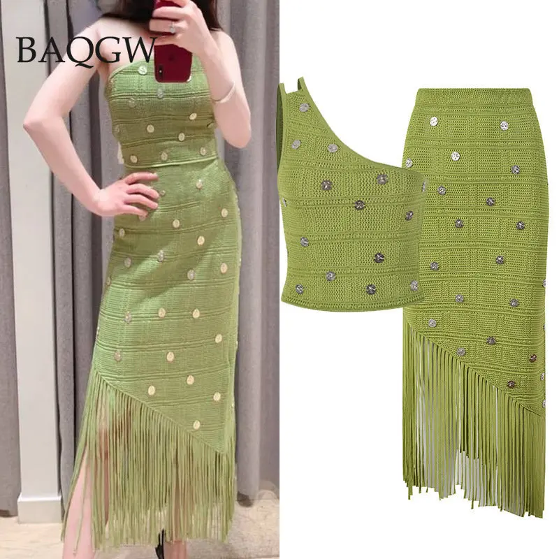 

BaQGW Summer Boho Clothing Bohemian Vintage Tassel Patchwork Green Knit High Waist Long Skirt Women Elegant Sheath Skirt
