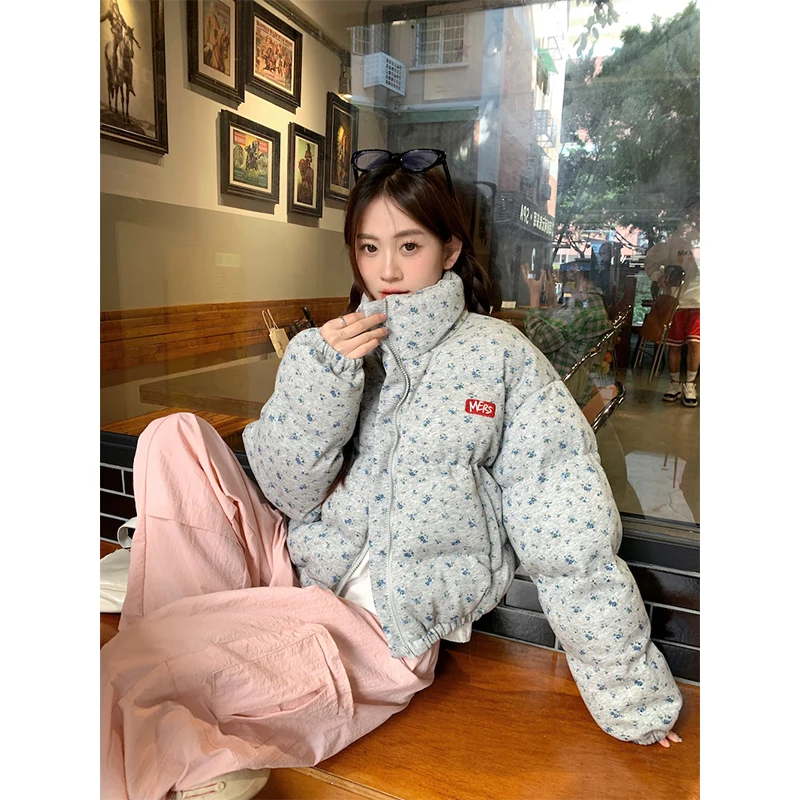 

MEXZT Floral Short Parkas Women Streetwear Print Cropped Down Coats Korean Puffer Jacket Winter Thick Cotton Padded Outwears New