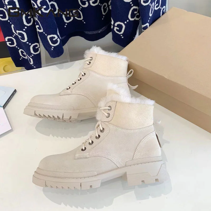 

Winter Wool Short Boots Woman Round Toe Thick Sole Mid-Calf Boots Flat Platform Shoes Cow Suede Patchwork Motorcycle Boots Women